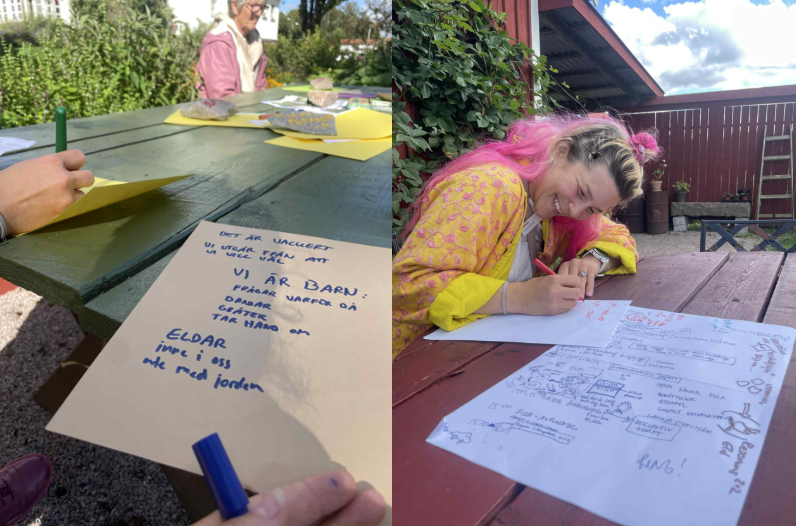 Ett bildkollage med två fotografier: Bild 1) Ett färgglattpapper med handskriven text på ett uthomhusbord. Bild 2 – Lina Alsterud skriver på ett papper vid ett bord i en utomhusmiljö.