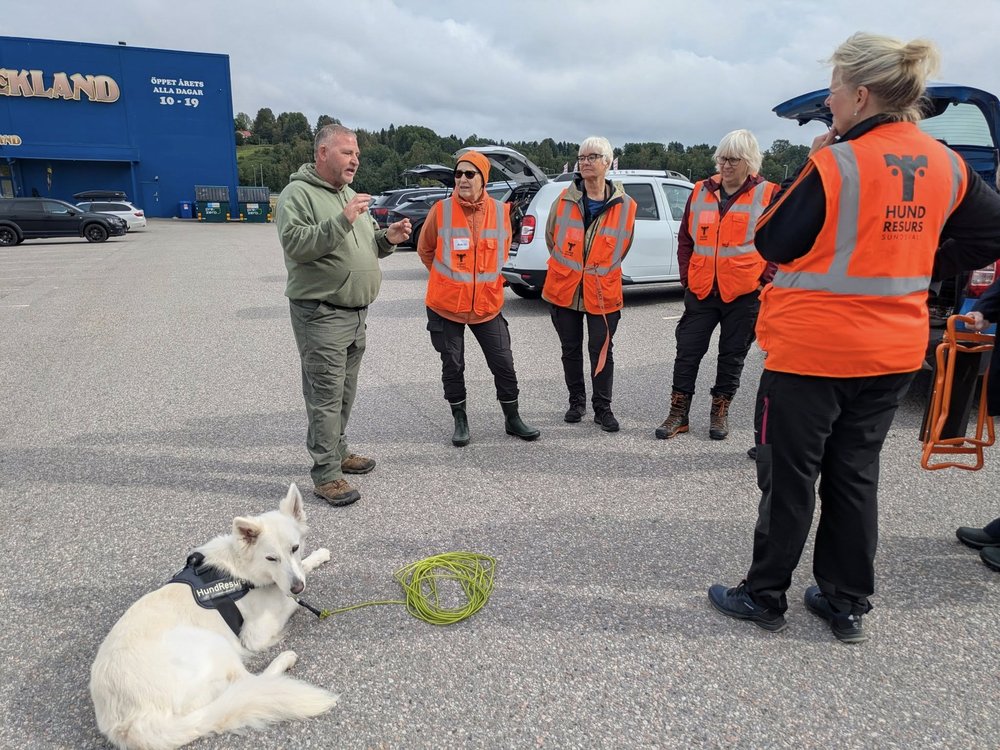 Fyra personer lyssnar på en ledare. En vit hund på marken.