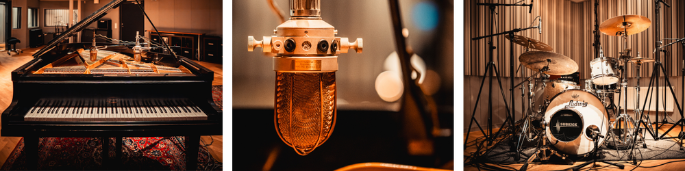 Bildkollage från en inspelningsstudio: till vänster en öppen flygel med synliga strängar, i mitten en närbild av en studiomikrofon i varm belysning och till höger ett trumset uppställt med mikrofonstativ i ett ljudisolerat rum.