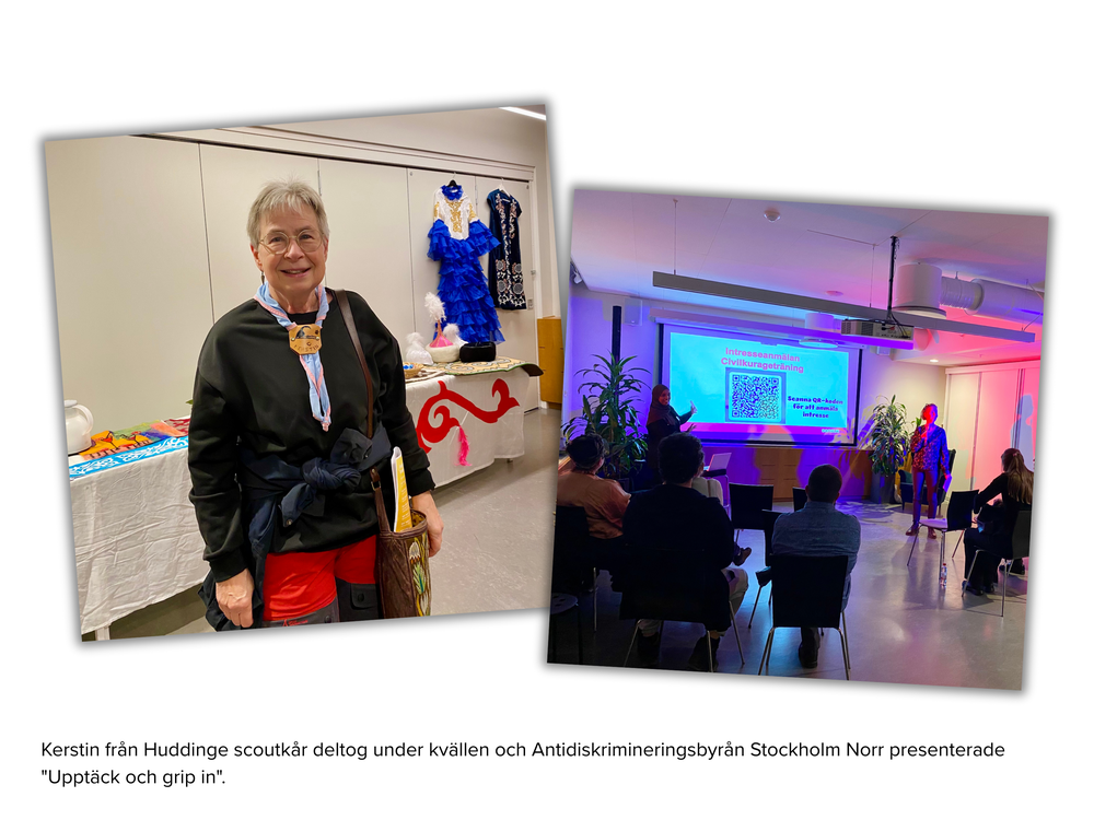Kerstin från Huddinge scoutkår deltog under kvällen, och Antidiskrimineringsbyrån Stockholm Norr presenterade projektet "Upptäck och grip in".