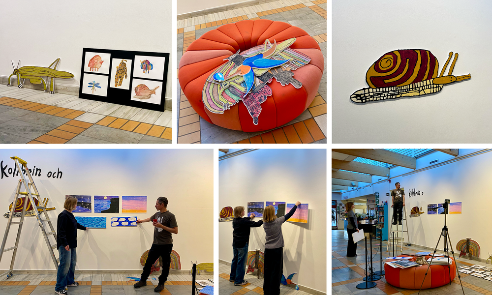 Kollage av utställningen Fabeln om kolibrin och branden.