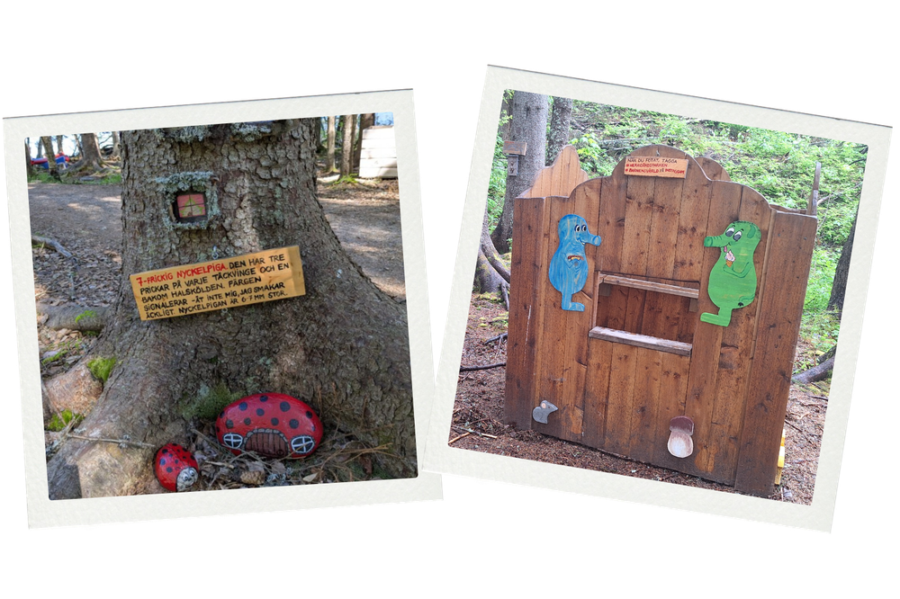 Kollage från Barnens värld i Herrgårdsparken: ett träd med liten dörr, skylt och nyckelpigor samt en lekfull trävägg med målade figurer, skapade i studiecirkel av deltagare i Örnsköldsvik.