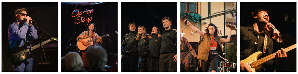 Mosaik med fem bilder: artist sjunger och spelar gitarr, artist med akustisk gitarr på Clarion Stage, tre personer står tillsammans och ler, två artister dansar utomhus, artist spelar elgitarr och sjunger.