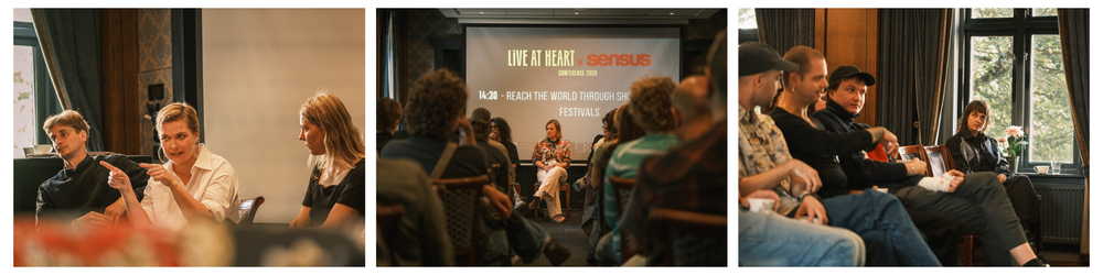GF Kommunikation Tänkte i 2 sekunder Mosaik med tre bilder från Live at Heart-konferensen: personer i samtal, fullsatt rum med skärm som visar "Live at Heart x Sensus", och paneldeltagare sittande i samtal under ett seminarium.