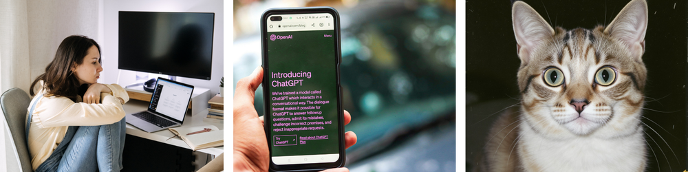 Bildkollage med tre olika foton: En kvinna vid en dator, en telefon som visar upp ChatGPT, och en AI-genererad bild av en katt.