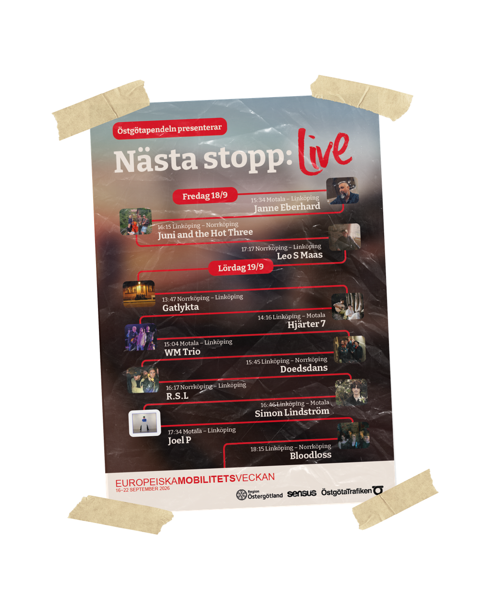 Affisch för Nästa stopp: live på Östgötapendeln under Europeiska mobilitetsveckan 16–22 september. Schema över konserter fredag 18/9 och lördag 19/9 med elva lokala artister på sträckorna mellan Norrköping, Linköping och Motala.